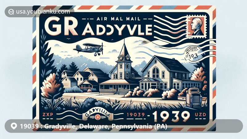 Modern illustration of Gradyville, Pennsylvania, featuring postal theme with ZIP code 19039, showcasing symbols of Bates Motel and Sleighton Farm School surrounded by typical rural landscape and lush greenery.