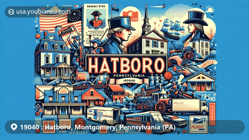 Modern illustration of Hatboro, Pennsylvania, ZIP code 19040, featuring iconic elements like Crooked Billet Elementary School, Pennsylvania's third oldest library, symbols of the Underground Railroad, and a depiction of George Washington's visit during the Revolutionary War.