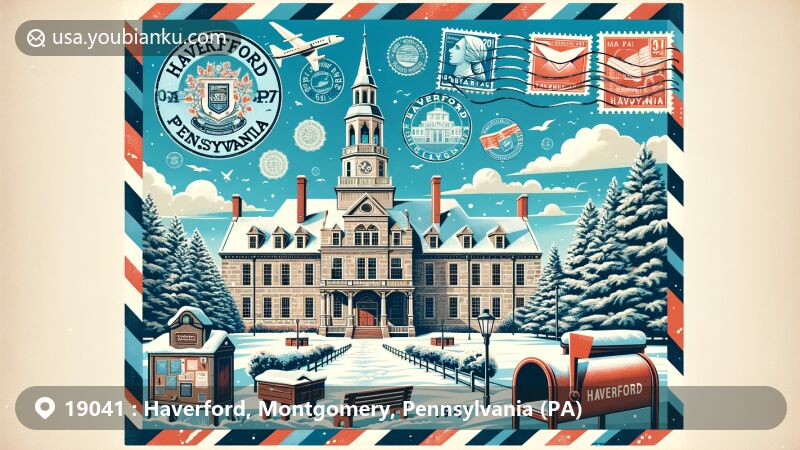 Creative postal-themed illustration of Haverford area in Montgomery County, Pennsylvania, featuring iconic building Founders Hall of Haverford College and elements of Quaker Colonial Revival architecture.
