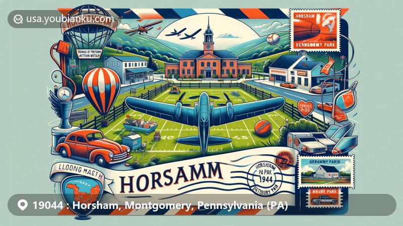Modern illustration of Horsham, Pennsylvania, featuring Wings Of Freedom Aviation Museum, Graeme Park, and local sports, wrapped in a creative postal theme.