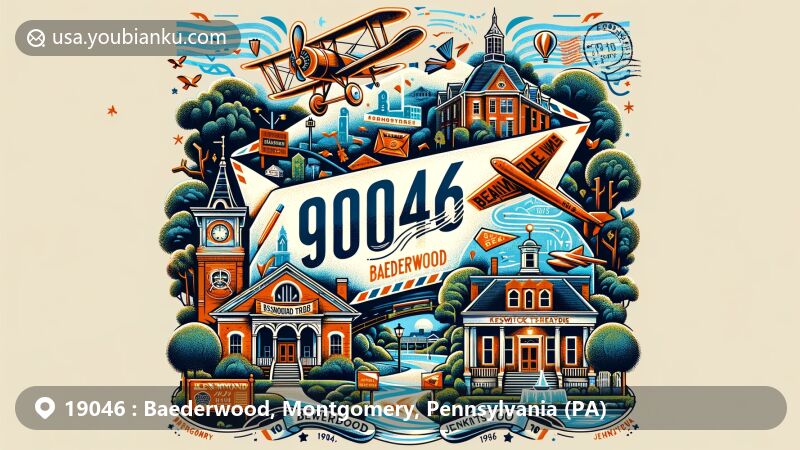 Modern illustration of Baederwood, Montgomery County, Pennsylvania, highlighting ZIP code 19046, with Baederwood Park, the Keswick Theatre, and the Jenkins' Town Lyceum Building, integrating cultural and historical heritage elements.