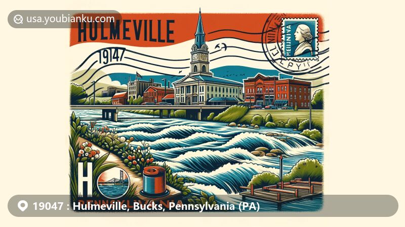 Modern illustration of Hulmeville area, Bucks County, Pennsylvania, resembling a widescreen postcard with iconic town buildings, Neshaminy Creek, and Pennsylvania state flag elements, featuring '19047' ZIP code stamp and postmark.