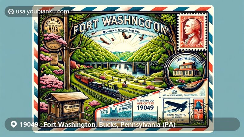 Modern illustration of Fort Washington, Bucks County, Pennsylvania, highlighting Fort Washington State Park's natural beauty, historical significance, and activities like hiking and picnicking, with a nod to the Great Train Wreck of 1856. Features springtime Pennsylvania landscape with flowering dogwood trees within a vintage air mail envelope design, including ZIP Code 19049 and postal elements.