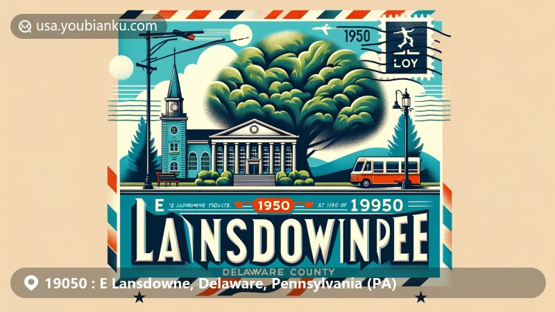 Modern illustration of E Lansdowne, Delaware County, Pennsylvania, featuring Lansdowne Theater and 350-year-old sycamore tree, incorporating postcard theme with ZIP code 19050 and postal elements.