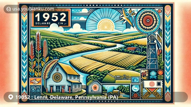Modern illustration of the postal theme for ZIP code 19052 in Lenni area, Delaware County, Pennsylvania, blending history and geography with Lenni Lenape heritage, 1798 paper mill, and Marple Township's agricultural landscape.