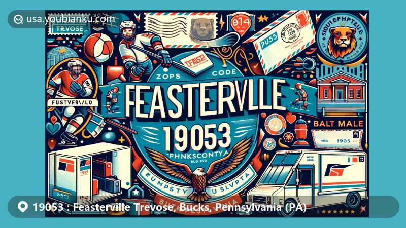 Modern illustration of Feasterville Trevose area, Bucks County, Pennsylvania, with diverse demographics and connection to roller hockey at Feasterville Sportsplex.