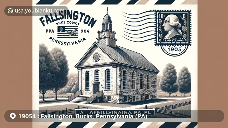 Modern illustration of Quaker meetinghouse in Fallsington, Bucks County, Pennsylvania, featuring airmail envelope with PA 19054, state flag, and postal mark, highlighting rich Quaker heritage and community gathering place.