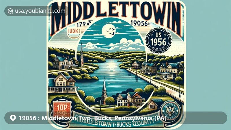 Modern illustration of Middletown Twp, Bucks County, Pennsylvania, featuring Lake Luxembourg in Core Creek Park and iconic Levittown-style houses.