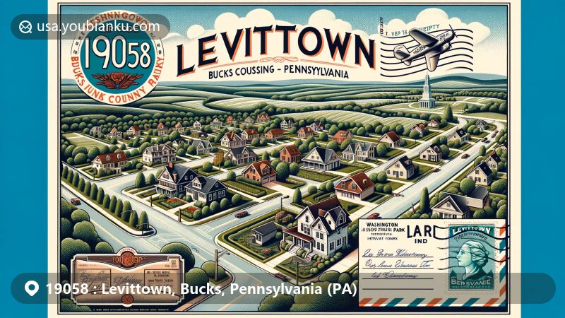 Modern illustration of Levittown, Bucks County, Pennsylvania, featuring postal theme with ZIP code 19058, Pennsylvania state map, state flag, and 1950s family moving into a Levittown home.