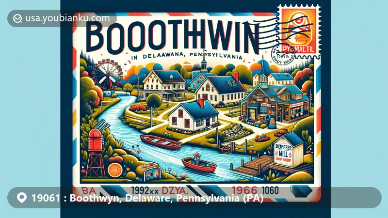 Modern illustration of Boothwyn, Delaware County, Pennsylvania, showcasing postal theme with ZIP code 19061, featuring local landmarks like Naaman's Creek and the Pennsylvania-Delaware border, and including educational components of Boothwyn Elementary School and Chichester High School.