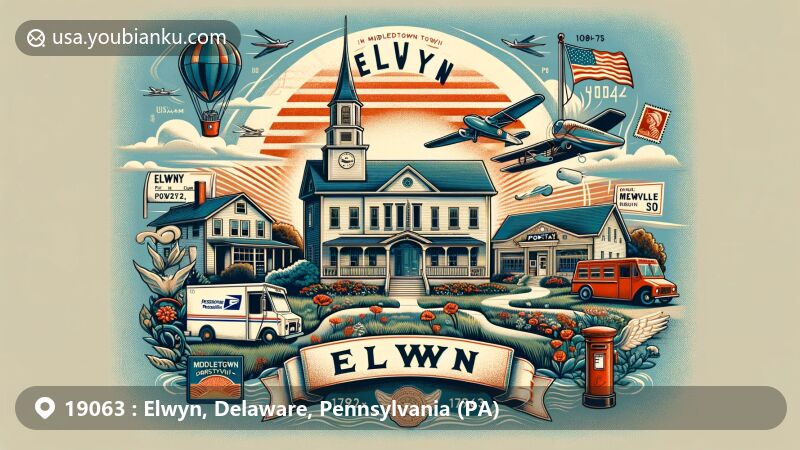 Modern illustration of Elwyn, Pennsylvania, showcasing postal theme with ZIP code 19063, featuring Elwyn Inc. and Pennsylvania state flag.