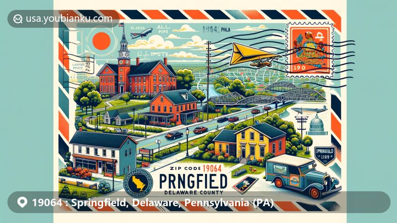 Modern illustration of Springfield, Delaware County, Pennsylvania, capturing ZIP code 19064 with state flag, county map, and local landmarks, reflecting Quaker heritage, 'The Golden Mile' on Baltimore Pike, and suburban charm.