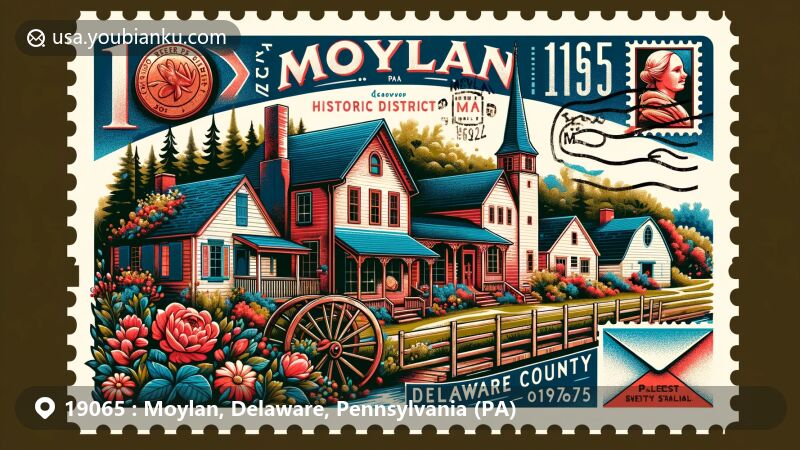 Modern illustration of Moylan, Delaware County, Pennsylvania, showcasing postal theme with ZIP code 19065, featuring Rose Valley Historic District, Caleb Pusey House, and Lower Swedish Cabin.