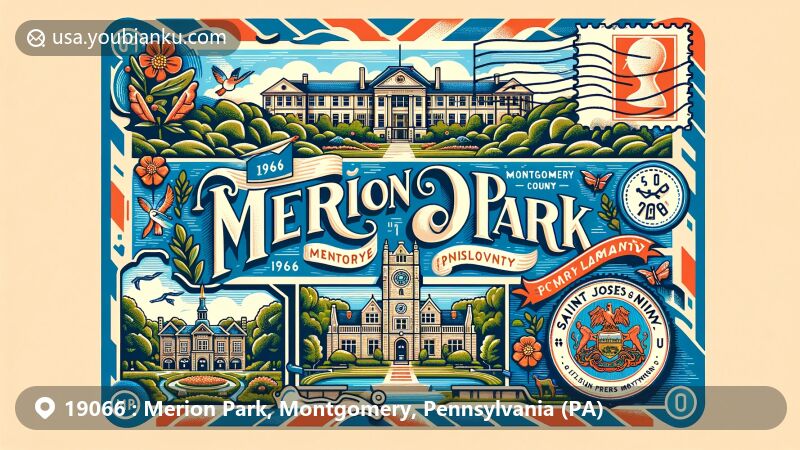 Modern illustration of Merion Park, Montgomery County, Pennsylvania, featuring Merion Botanical Park, Saint Joseph's University, and Merion Friends Meeting House, creatively blended into a postal theme with vintage postcard design and Pennsylvania state flag.
