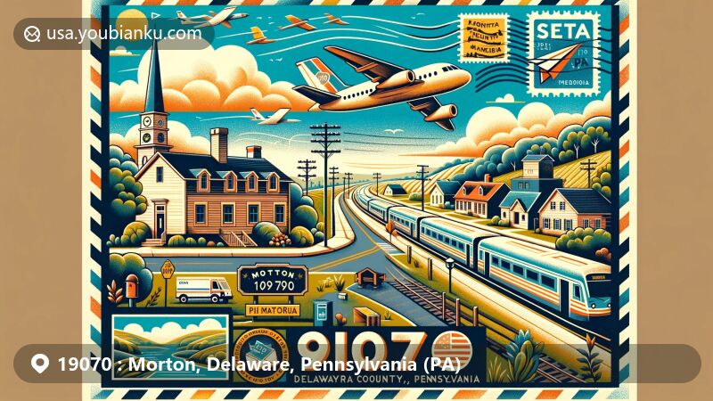 Modern illustration of Morton, Delaware County, Pennsylvania, displaying ZIP code 19070, incorporating scenic view, Pennsylvania Railroad, SEPTA Regional Rail Media/Wawa Line, air mail elements, stamps, postmark with Morton and ZIP code 19070.
