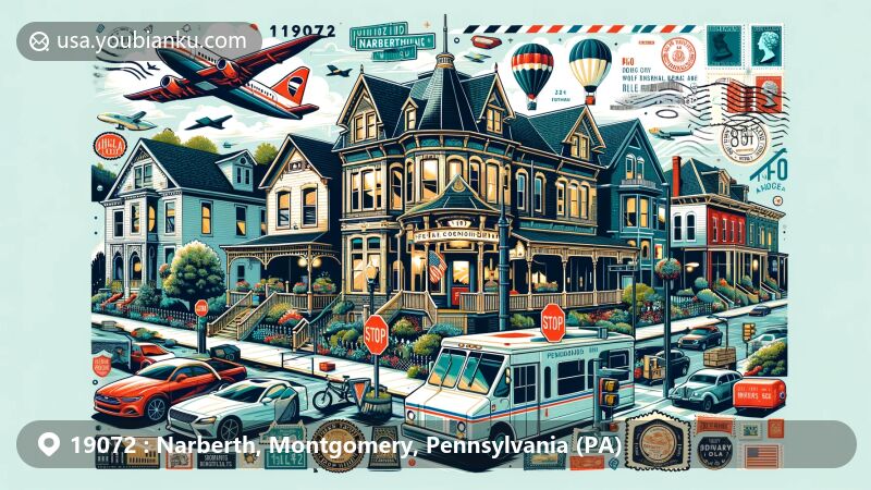 Modern illustration of Narberth, Montgomery County, Pennsylvania, highlighting Victorian-era homes, Narberth Train Station, and parks, showcasing community spirit and postal theme with ZIP code 19072.