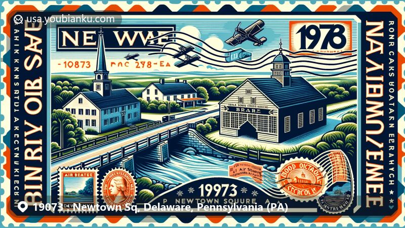 Modern illustration of Newtown Square, Delaware County, Pennsylvania, showcasing postal theme with ZIP code 19073, featuring colonial Pennsylvania plantation and Bartram's Covered Bridge over Crum Creek.