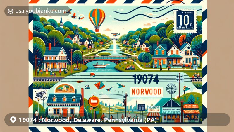 Modern illustration of Norwood, Delaware County, Pennsylvania, showcasing community-based charm with parks, local businesses, public transit, and vibrant colors, embodying close-knit community atmosphere.