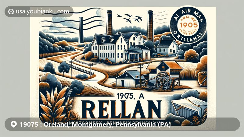 Modern illustration of Oreland, Montgomery, Pennsylvania, highlighting ZIP code 19075, showcasing suburban charm near Philadelphia, featuring local history symbols like lime kilns and a nod to Revolutionary War significance.