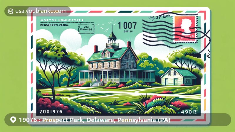 Modern illustration of Morton Homestead in Prospect Park, Pennsylvania, with lush greenery and postal theme including ZIP code 19076, postmark, and stamp.