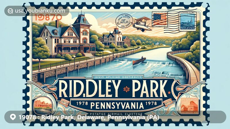 Modern illustration of Ridley Park, Pennsylvania, showcasing postal theme with ZIP code 19078, featuring Victorian-style homes, Crum Creek dam-created lake, and lush landscapes of planned community.