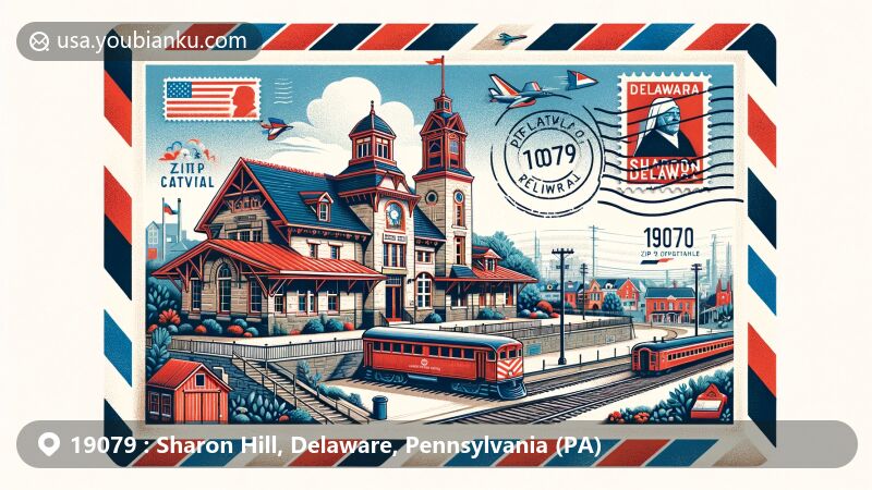 Modern illustration of Sharon Hill, Delaware County, Pennsylvania, featuring a postcard theme with air mail envelope aesthetic and showcasing the historic railroad station, Quaker heritage, and community diversity.