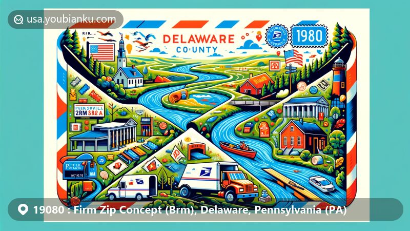 Modern illustration of Firm Zip Concept (Brm) area in Delaware County, Pennsylvania, combining postal and regional symbols with ZIP code 19080, showcasing natural and cultural features.