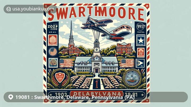 Modern illustration of Swarthmore, Delaware County, Pennsylvania, inspired by ZIP code 19081, featuring Scott Arboretum of Swarthmore College and iconic elements of Pennsylvania state, with vintage air mail envelope theme and stylish display of town name and ZIP code.