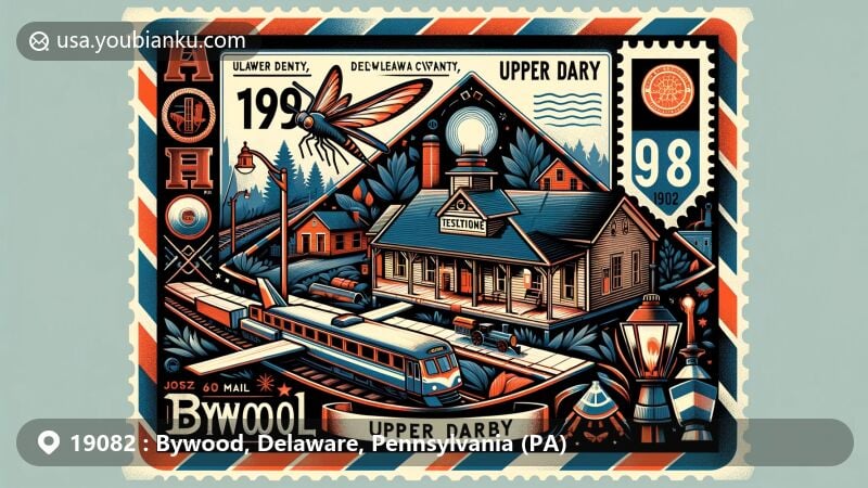 Modern illustration of Bywood, Delaware, Pennsylvania (PA), featuring postal theme with ZIP code 19082, showcasing 69th Street Transportation Center and historical elements like Swedish settlers and the Underground Railroad.