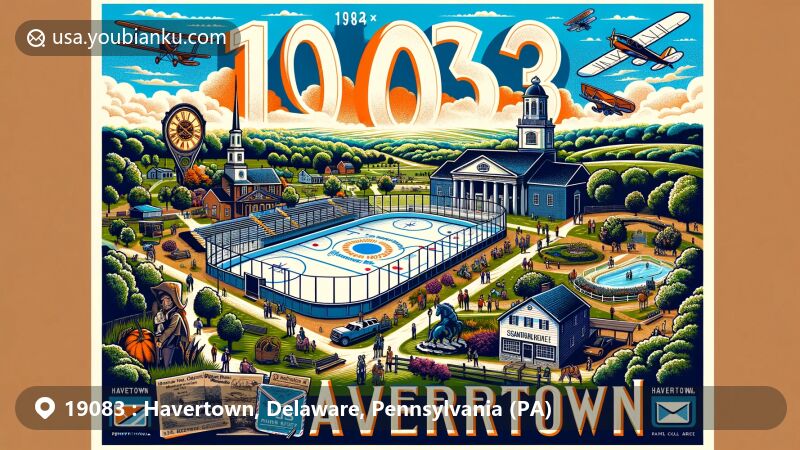 Modern illustration of Havertown, Pennsylvania, 19083 ZIP code area, featuring Skatium ice rink as central element, historic sites like Grange Estate and Nitre Hall, lush greenery, and parks reflecting Quaker origins and Irish community influence.