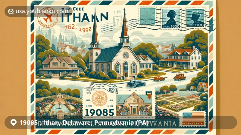 Modern illustration of Ithan, Delaware County, Pennsylvania, featuring ZIP code 19085, showcasing Radnor Friends Meetinghouse and Christ Church Ithan's Garden of Remembrance with vintage postcard theme and airmail envelope border.