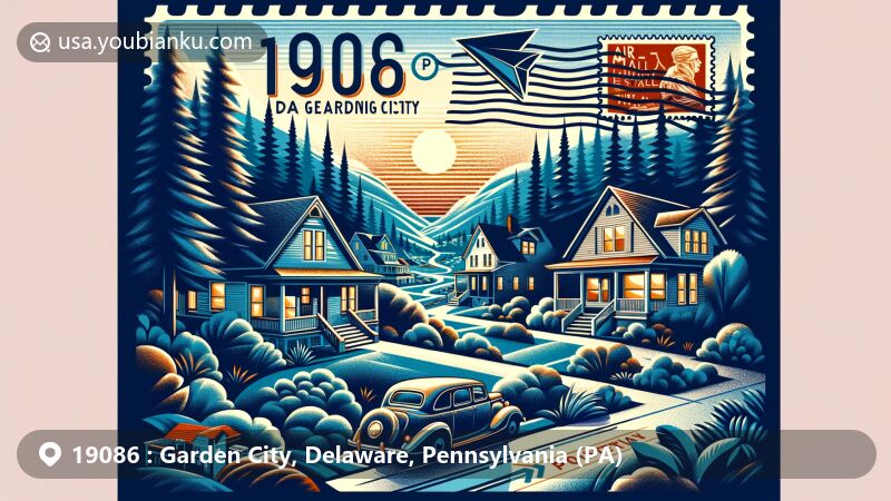 Modern illustration of Garden City, Delaware County, Pennsylvania, portraying postal theme for ZIP code 19086, featuring lush forests and rolling hills, vintage postcard concept with air mail envelope design and residential homes from the 1930s-1950s.