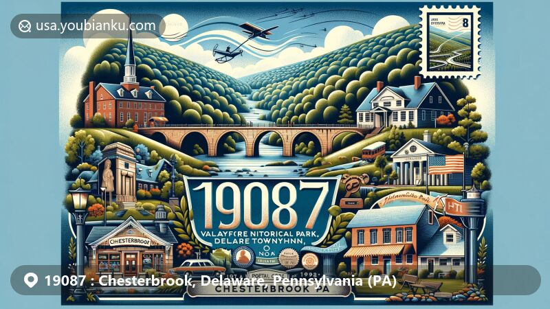 Modern illustration of Chesterbrook, Delaware County, Pennsylvania, featuring Valley Forge National Historical Park as backdrop, vintage postcard with ZIP code 19087, Bridge in Radnor Township No. 2, and Chanticleer garden.