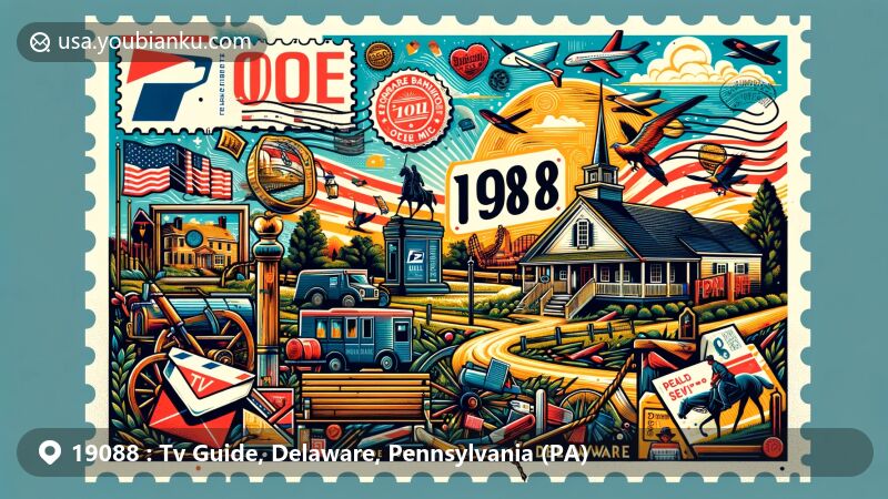 Modern illustration of Tv Guide area, Delaware County, Pennsylvania, featuring postal theme with ZIP code 19088, showcasing Brandywine Battlefield Historic Site and postal service elements.