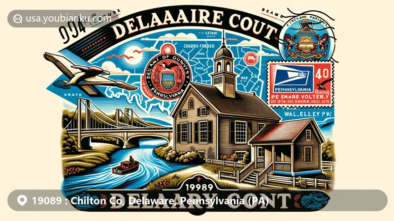Modern illustration of Delaware County, Pennsylvania, featuring the county seal, Pennsylvania map with Delaware County highlighted, Chadds Ford Historic District, and Caleb Pusey House, set in a vibrant postal-themed design with vintage air mail envelope, ZIP code 19089, and postal marks.