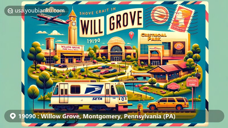 Modern illustration of Willow Grove, Pennsylvania, featuring Willow Grove Park Mall, SEPTA Regional Rail train, Memorial Park, and Crestmont Park, presented as a vibrant postcard with ZIP code 19090 and postal truck, symbolizing suburban living and community connections.