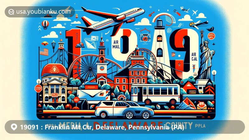 Modern illustration of Media, PA, in Delaware County, Pennsylvania, featuring a postal theme with ZIP code 19091 and iconic landmarks like the Franklin Mint Museum, capturing the essence of the region's identity and postal heritage.
