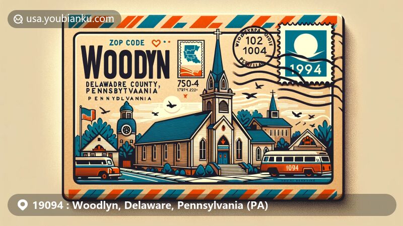 Modern illustration of Woodlyn, Delaware County, Pennsylvania, showcasing postal theme with ZIP code 19094, featuring Leiper Presbyterian Church and state symbols.