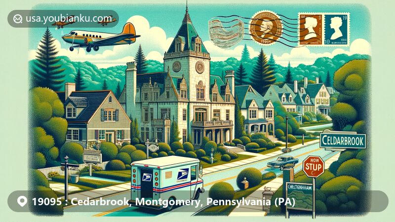 Modern illustration of Cedarbrook, Montgomery, Pennsylvania, depicting historical architecture, diverse housing, and postal theme with ZIP code 19095, featuring Cheltenham's transition to a vibrant suburban community.