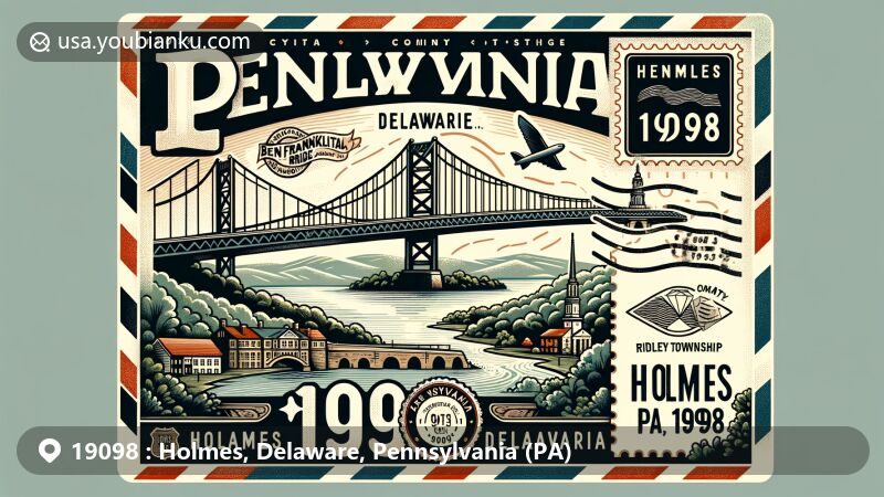 Modern illustration of Holmes, Delaware County, Pennsylvania, highlighting the postal theme for ZIP code 19098. Features Ben Franklin Bridge, vintage postcard design with airmail envelope border, stamp with ZIP code, postmark 'Holmes, PA, 19098', Ridley Township representation, and Pennsylvania's lush landscape elements.
