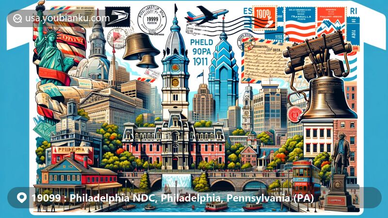 Modern illustration of Philadelphia, Pennsylvania, highlighting postal theme with ZIP code 19099, featuring iconic landmarks and postal heritage.