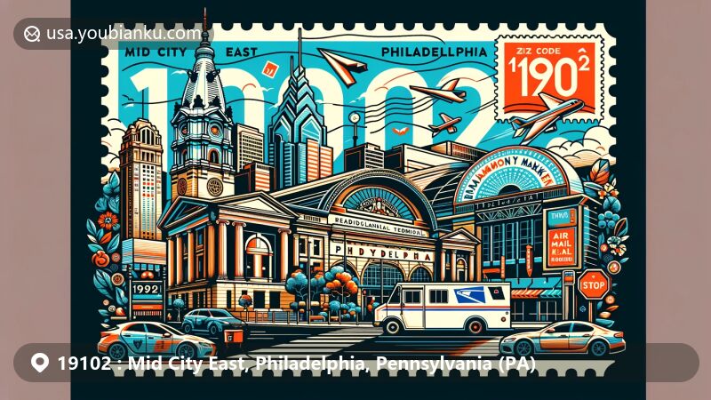 Modern illustration of Mid City East, Philadelphia, Pennsylvania, highlighting postal theme with ZIP code 19102, featuring Pennsylvania Convention Center, Reading Terminal Market, and Wanamaker Building.