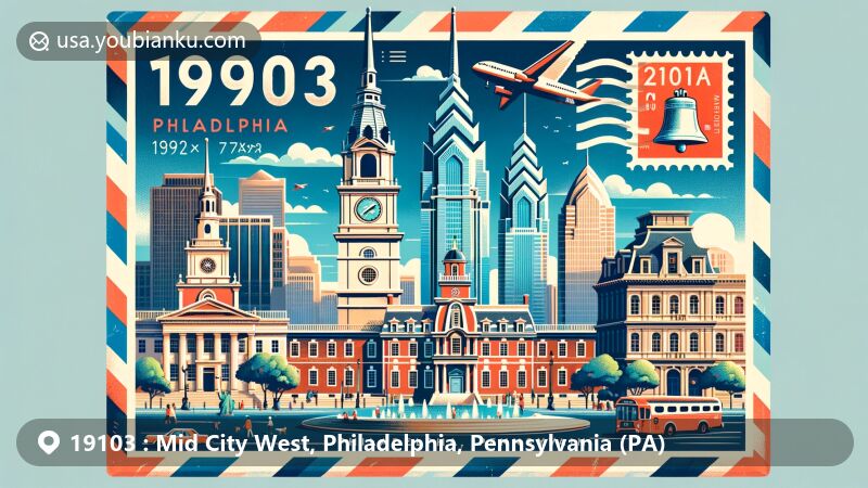 Modern illustration of Mid City West, Philadelphia, Pennsylvania, highlighting postal theme with ZIP code 19103, featuring Independence Hall, Philadelphia City Hall, Liberty Bell, and Philadelphia's Magic Gardens.