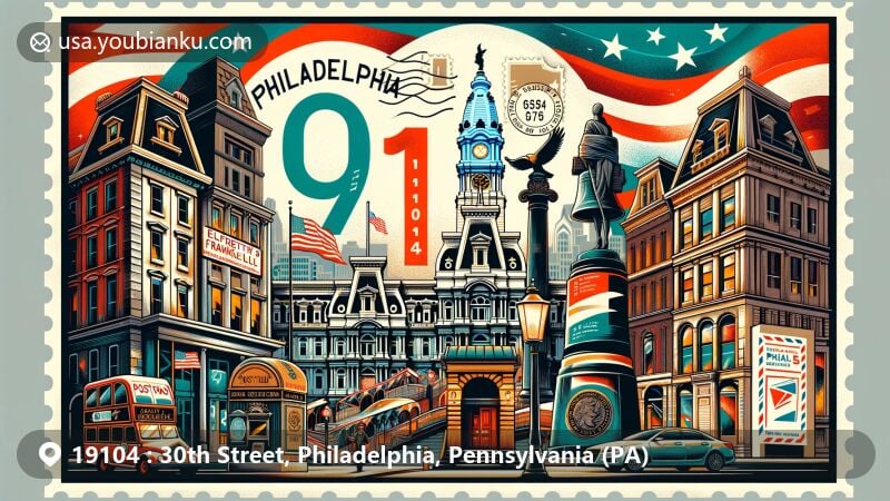Modern illustration showcasing iconic landmarks and postal elements in Philadelphia, Pennsylvania, for ZIP code 19104, featuring Liberty Bell, Elfreth’s Alley, Free Franklin Post Office & Museum, Rocky Statue and the Rocky Steps, and City Hall.