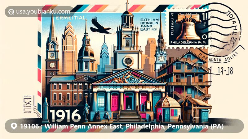 Modern illustration of the William Penn Annex East area in Philadelphia, Pennsylvania, featuring a postal theme with ZIP code 19106. Includes silhouettes of iconic landmarks like Independence Hall, the Liberty Bell, Elfreth's Alley, Mother Bethel AME Church, Free Franklin Post Office & Museum, Philadelphia Art Museum, and Eastern State Penitentiary.