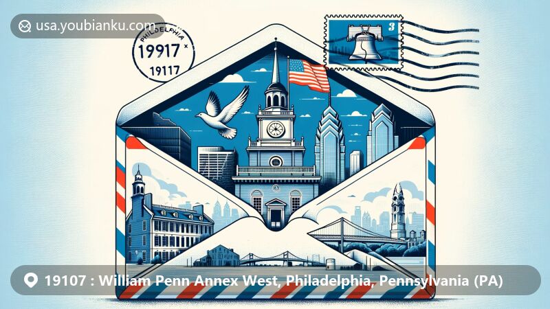 Modern illustration of the 19107 ZIP code area in Philadelphia, Pennsylvania, with iconic landmarks like Independence Hall, Philadelphia Museum of Art, and the Liberty Bell enclosed in an airmail envelope.