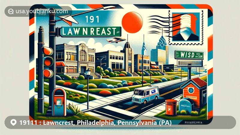 Modern illustration of Lawncrest, Philadelphia, Pennsylvania, with postal theme and ZIP code 19111, blending local features like Rising Sun Avenue and cultural diversity.