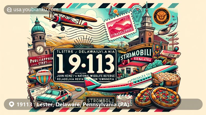 Modern illustration of Lester, Delaware County, Pennsylvania, highlighting ZIP code 19113, featuring John Heinz National Wildlife Refuge, Romano's Italian Restaurant & Pizzeria, and Philadelphia International Airport.