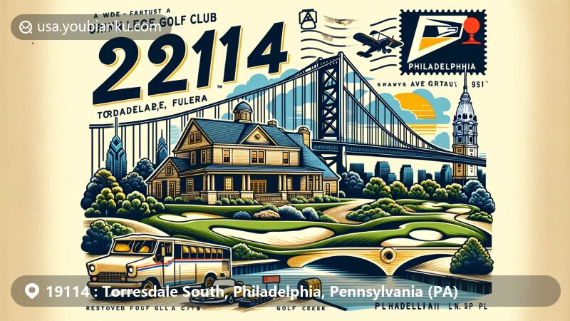 Modern illustration of Torresdale South, Philadelphia, Pennsylvania, featuring Union League Golf Club and iconic symbols like Liberty Bell, showcasing postal theme with ZIP code 19114 and vintage air mail envelope.