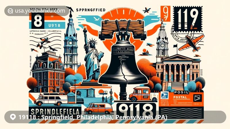 Modern illustration of Springfield, Philadelphia, Pennsylvania, showcasing postal theme with ZIP code 19118, featuring iconic landmarks like the Liberty Bell, Elfreth’s Alley, Mother Bethel AME, Free Franklin Post Office & Museum, and LOVE sculpture in LOVE Park.